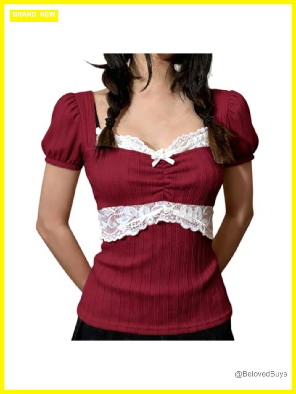 Women Lace Trim Ribbed Knit Crop Top Slim Fit Y2K Grunge Shirt